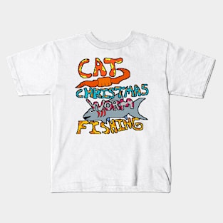 cat Christmas worm fishing Kids T-Shirt